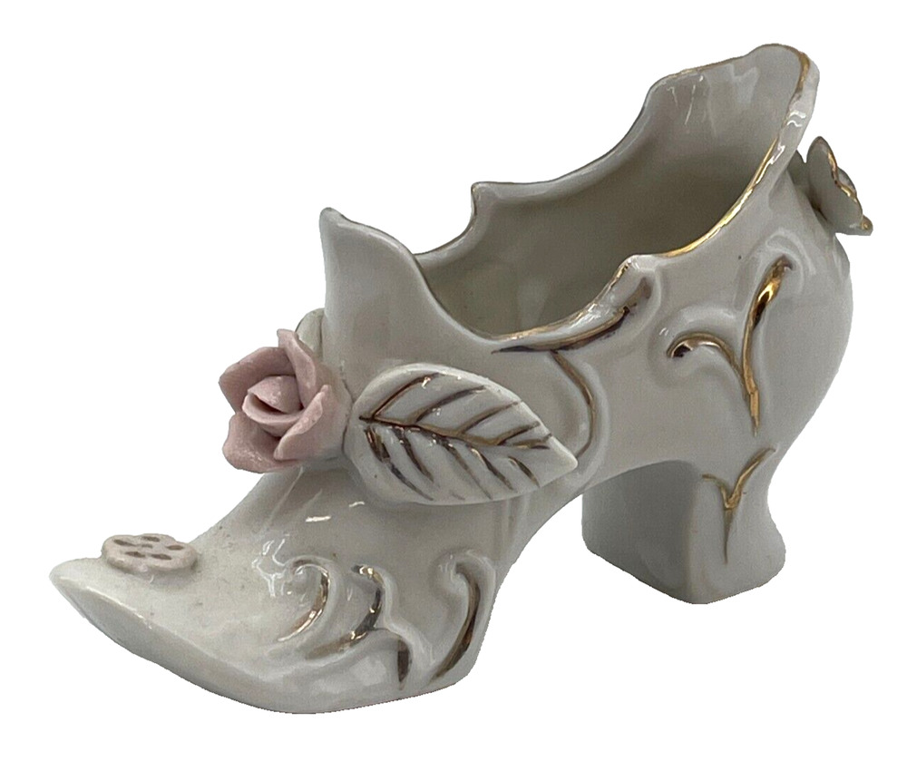 Vintage Hand Painted Porcelain Planter Shoes with Pink Roses Golden Trim Japan